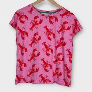 Boden Louisa Slub Pink Lobster Print T-Shirt Round Neck Boxy Drop Shoulder Med.